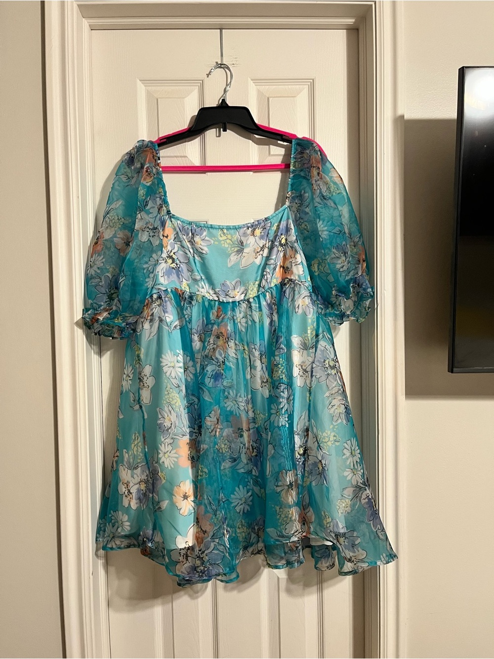 Floral Puff Sleeve Square Neck Women's puffy silke style dress floral teal